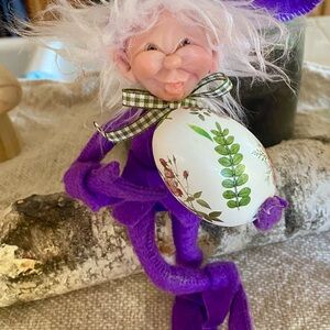 Handmade Purple Elf Figurine Holding Decorative Floral Egg